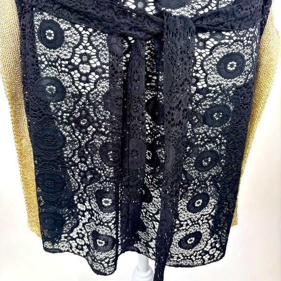 NWOT Black and Gold Kaftan Floral Crochet Swim Coverup with Belted Waist - Picture 6 of 10